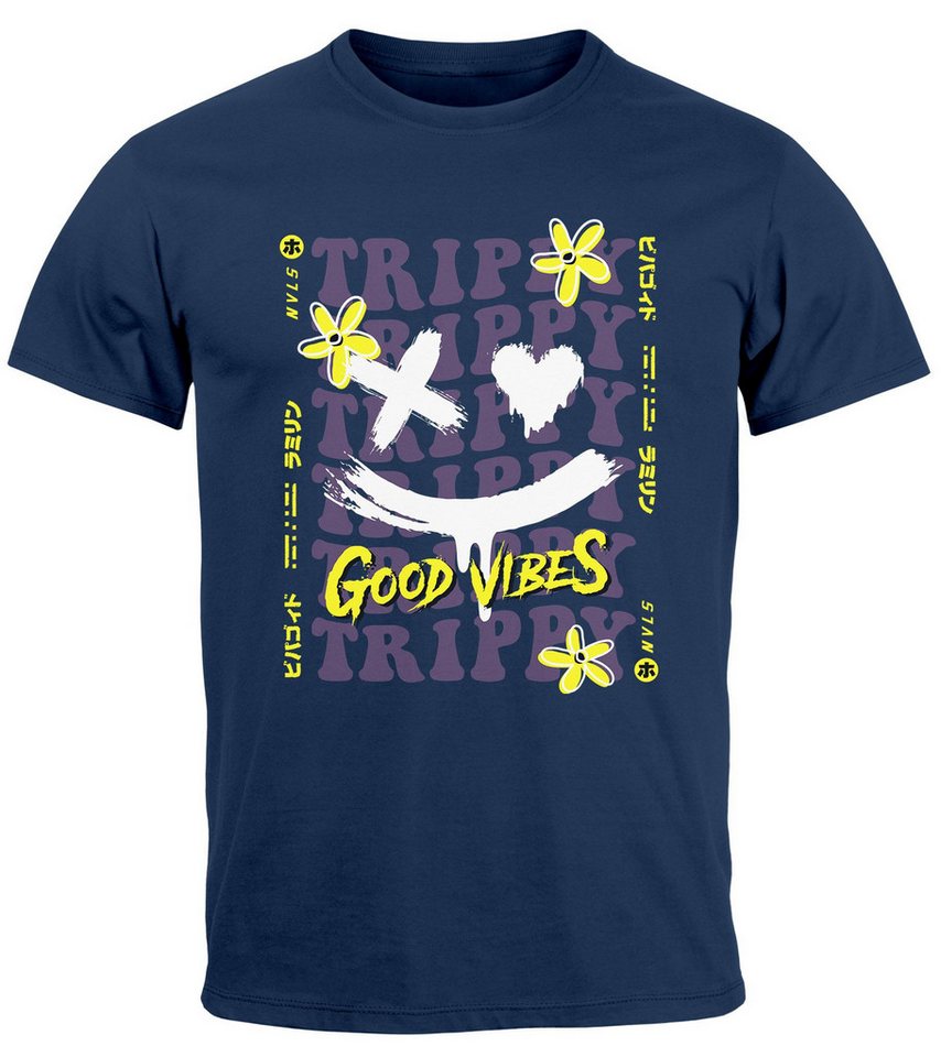 Neverless Print-Shirt Herren T-Shirt Drip Face Print Smile Good Vibes Herz Blumen Collage Fa mit Print von Neverless