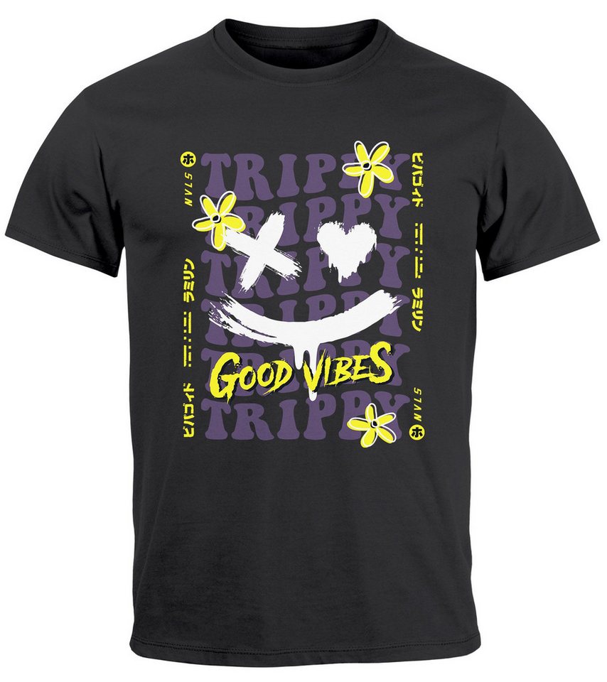 Neverless Print-Shirt Herren T-Shirt Drip Face Print Smile Good Vibes Herz Blumen Collage Fa mit Print von Neverless