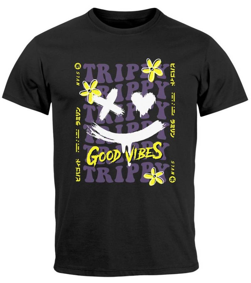 Neverless Print-Shirt Herren T-Shirt Drip Face Print Smile Good Vibes Herz Blumen Collage mit Print von Neverless