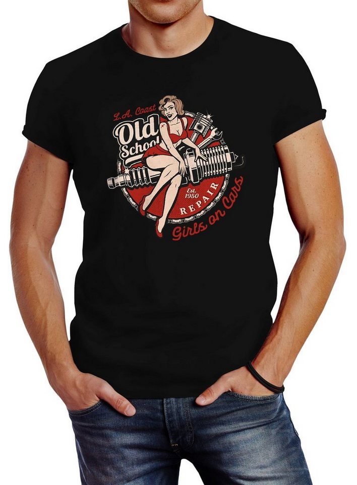 Neverless Print-Shirt Herren T-Shirt Girls on Cars Retro Vintage Print Pin up Girl Logo Aufdruck Slim Fit Neverless® mit Print von Neverless