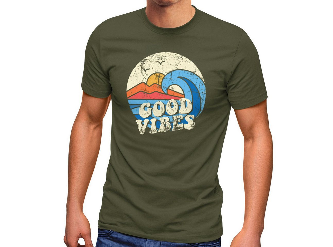 Neverless Print-Shirt Herren T-Shirt Good Vibes Welle Hippie Slogan Statement Surf Design mit Print von Neverless