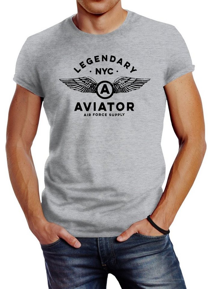 Neverless Print-Shirt Herren T-Shirt Legendary NYC Aviator Air Force Luftwaffe Flügel mit Print von Neverless
