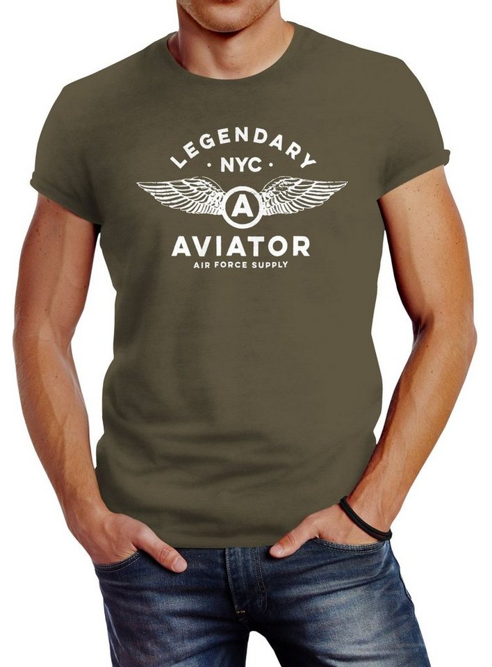 Neverless Print-Shirt Herren T-Shirt Legendary NYC Aviator Air Force Luftwaffe Flügel mit Print von Neverless