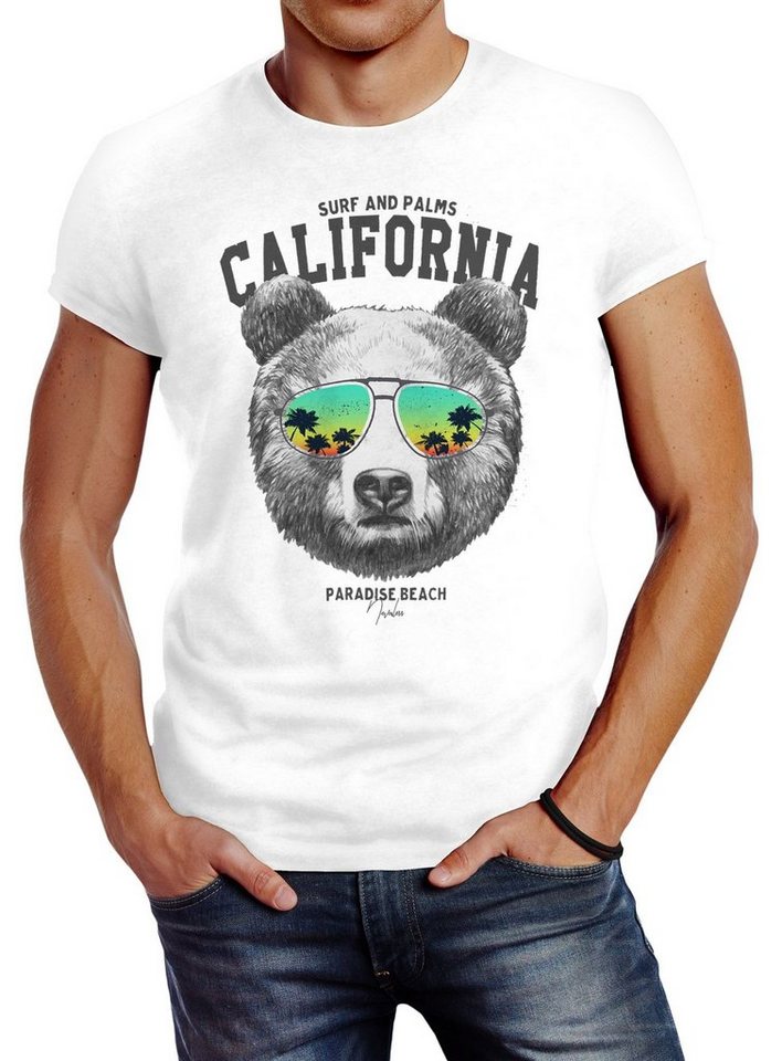 Neverless Print-Shirt Herren T-Shirt Löwe Bär Sonnenbrille Palmen Summer California Slim mit Print von Neverless
