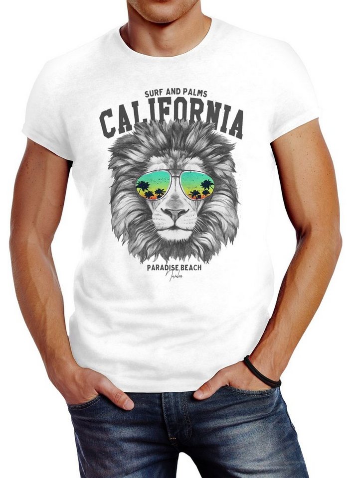 Neverless Print-Shirt Herren T-Shirt Löwe Bär Sonnenbrille Palmen Summer California Slim mit Print von Neverless