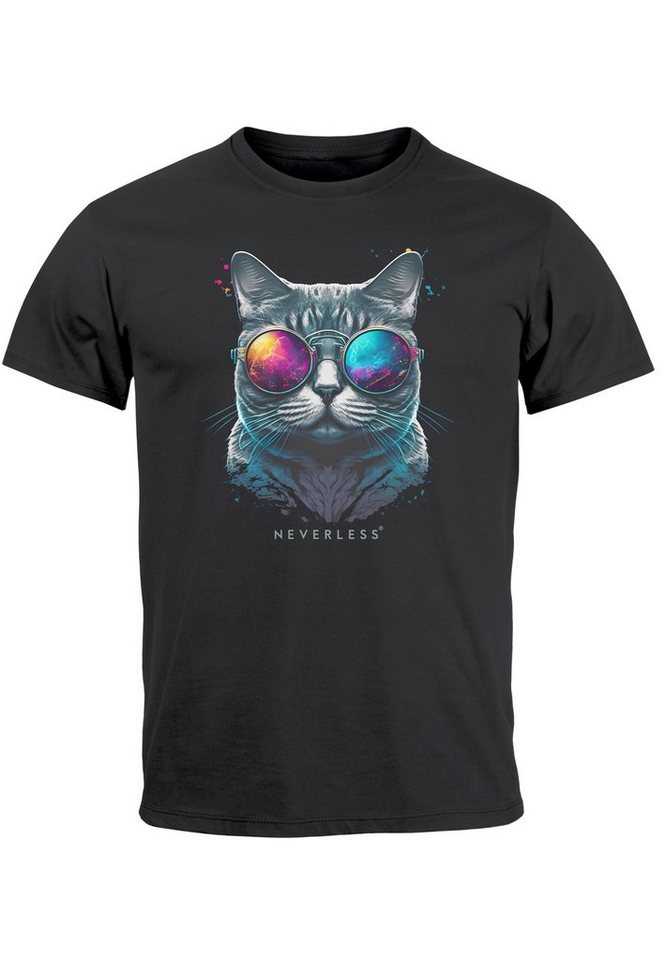 Neverless Print-Shirt Herren T-Shirt Aufdruck Katze Cat Sommer Sonnenbrille Style Fashion Pr mit Print von Neverless