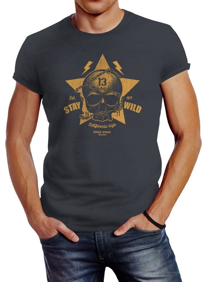 Neverless Print-Shirt Herren T-Shirt Printshirt Skull Totenkopf Motiv Stay Wild Slim Fit Neverless® mit Print von Neverless