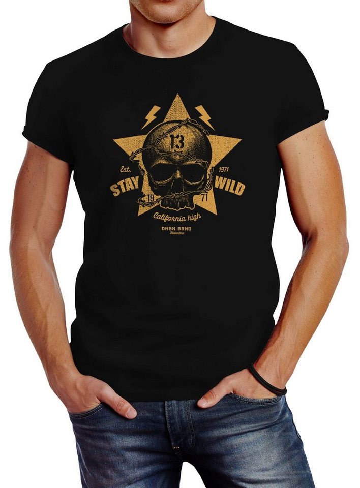 Neverless Print-Shirt Herren T-Shirt Printshirt Skull Totenkopf Motiv Stay Wild Slim Fit mit Print von Neverless