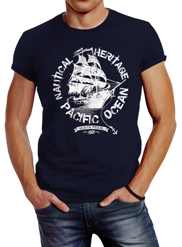 Neverless Print-Shirt Herren T-Shirt Segelschiff Piratenschiff Slim Fit mit Print von Neverless