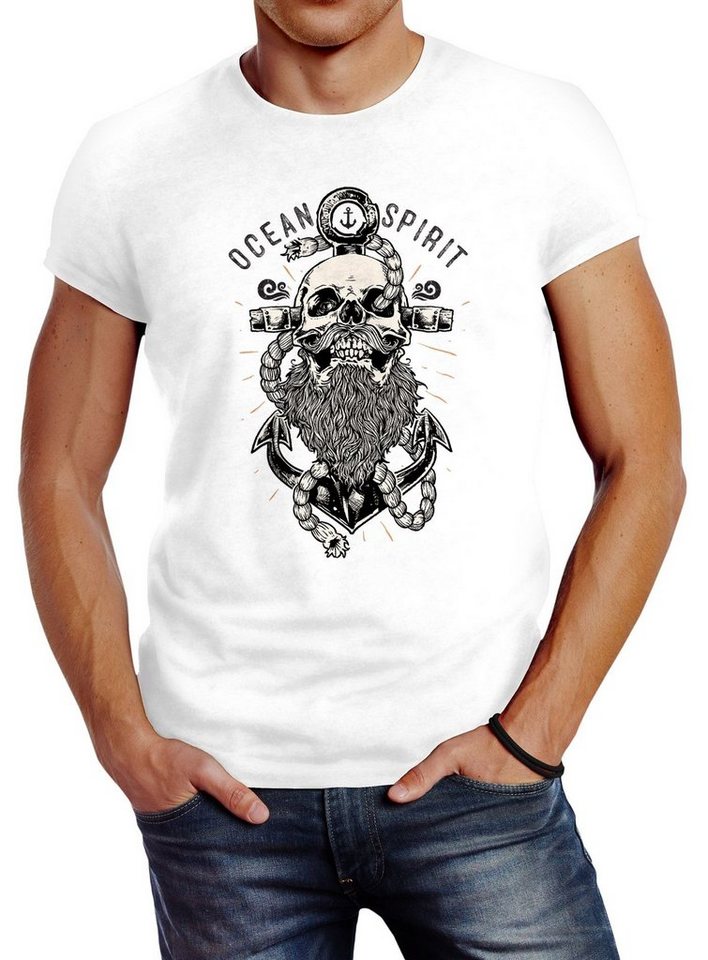 Neverless Print-Shirt Herren T-Shirt Skull Captain Anker Totenkopf Bart Kapitän Ocean mit Print von Neverless
