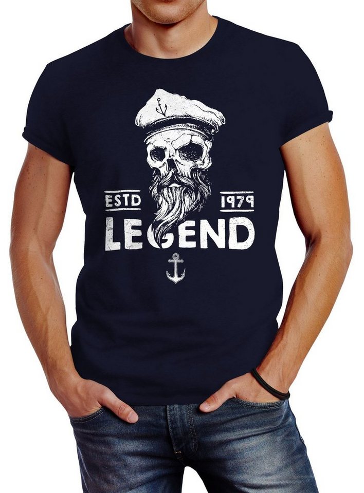 Neverless Print-Shirt Herren T-Shirt Skull Captain Legend Totenkopf Bart Kapitän Slim Fit mit Print von Neverless