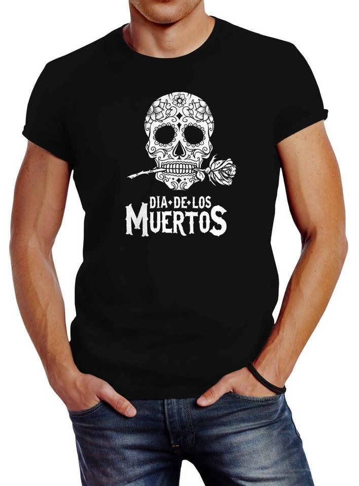 Neverless Print-Shirt Herren T-Shirt Sugar Skull Dia De Los Muertos Totenkopf mit Blumen mit Print von Neverless