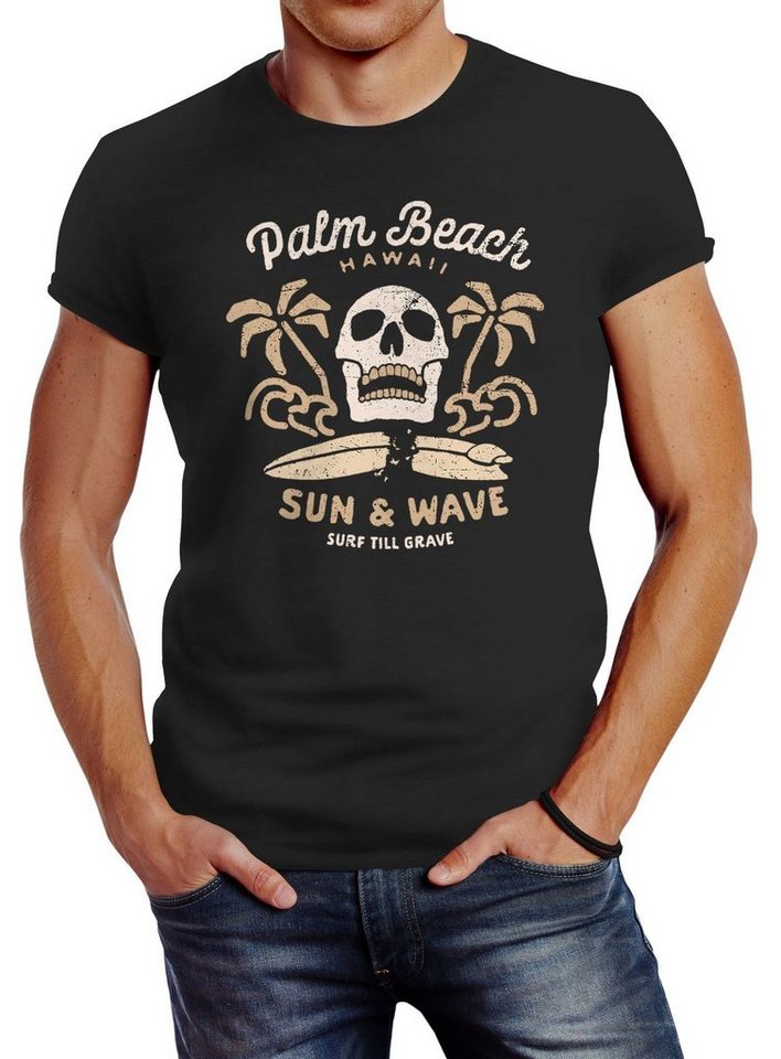 Neverless Print-Shirt Herren T-Shirt Surf-Motiv Totenkopf Palm Beach mit Print von Neverless