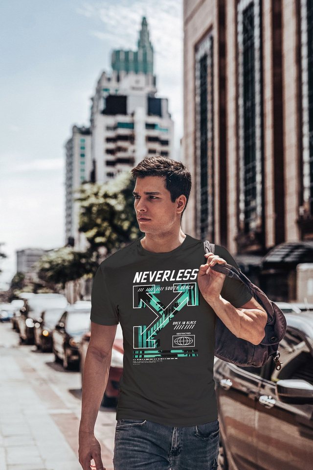 Neverless Print-Shirt Herren T-Shirt Text Print Aufdruck South Beach Techwear Fashion mit Print von Neverless