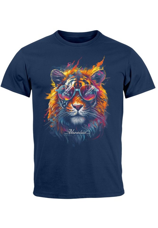 Neverless Print-Shirt Herren T-Shirt Tiger Print Aufdruck Flammen Sommer Sonnenbrille Kunst mit Print von Neverless