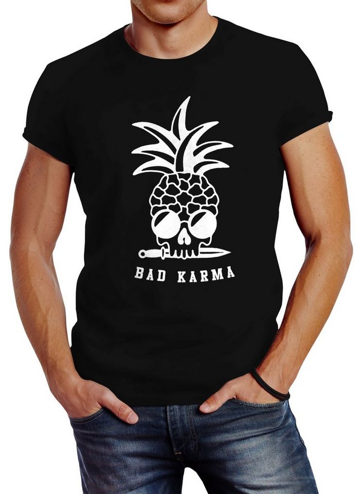 Neverless Print-Shirt Herren T-Shirt Totenkopf Ananas Bad Karma Sonnenbrille Pineapple Skull Slim Fit Neverless® mit Print von Neverless