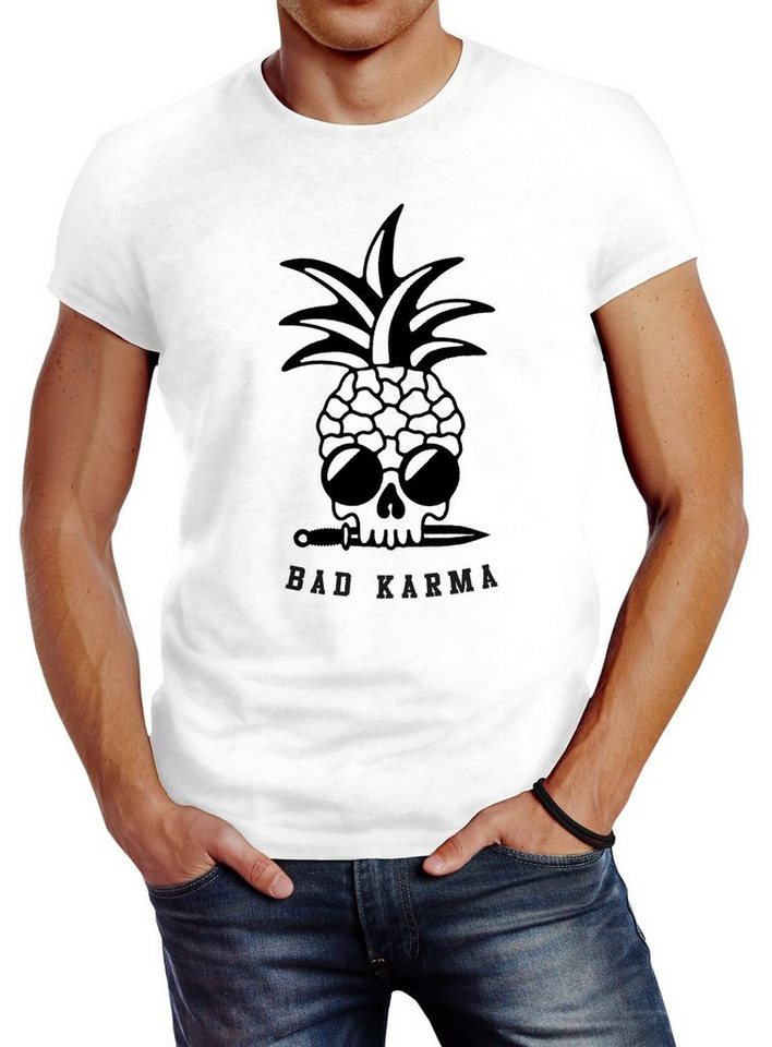 Neverless Print-Shirt Herren T-Shirt Totenkopf Ananas Bad Karma Sonnenbrille Pineapple Skull Slim Fit Neverless® mit Print von Neverless