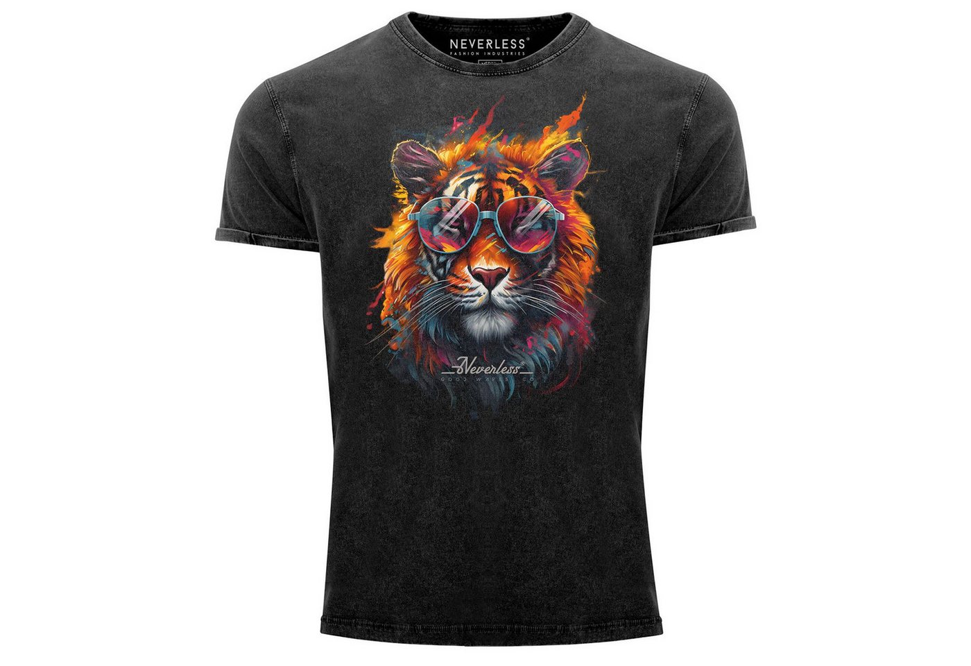 Neverless Print-Shirt Herren Vintage Shirt Tiger Print Aufdruck Flammen Sommer Sonnenbrille mit Print von Neverless