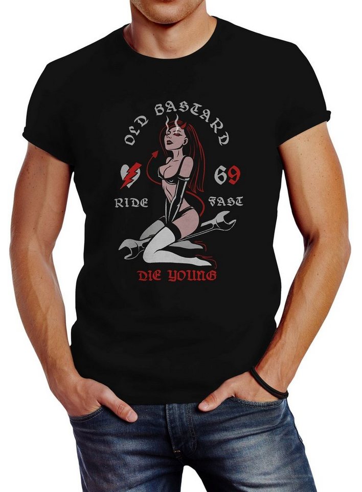 Neverless Print-Shirt Neverless® Herren T-Shirt Pin up Girl Racing Design Ride Fast Die Young Schriftzug mit Print von Neverless