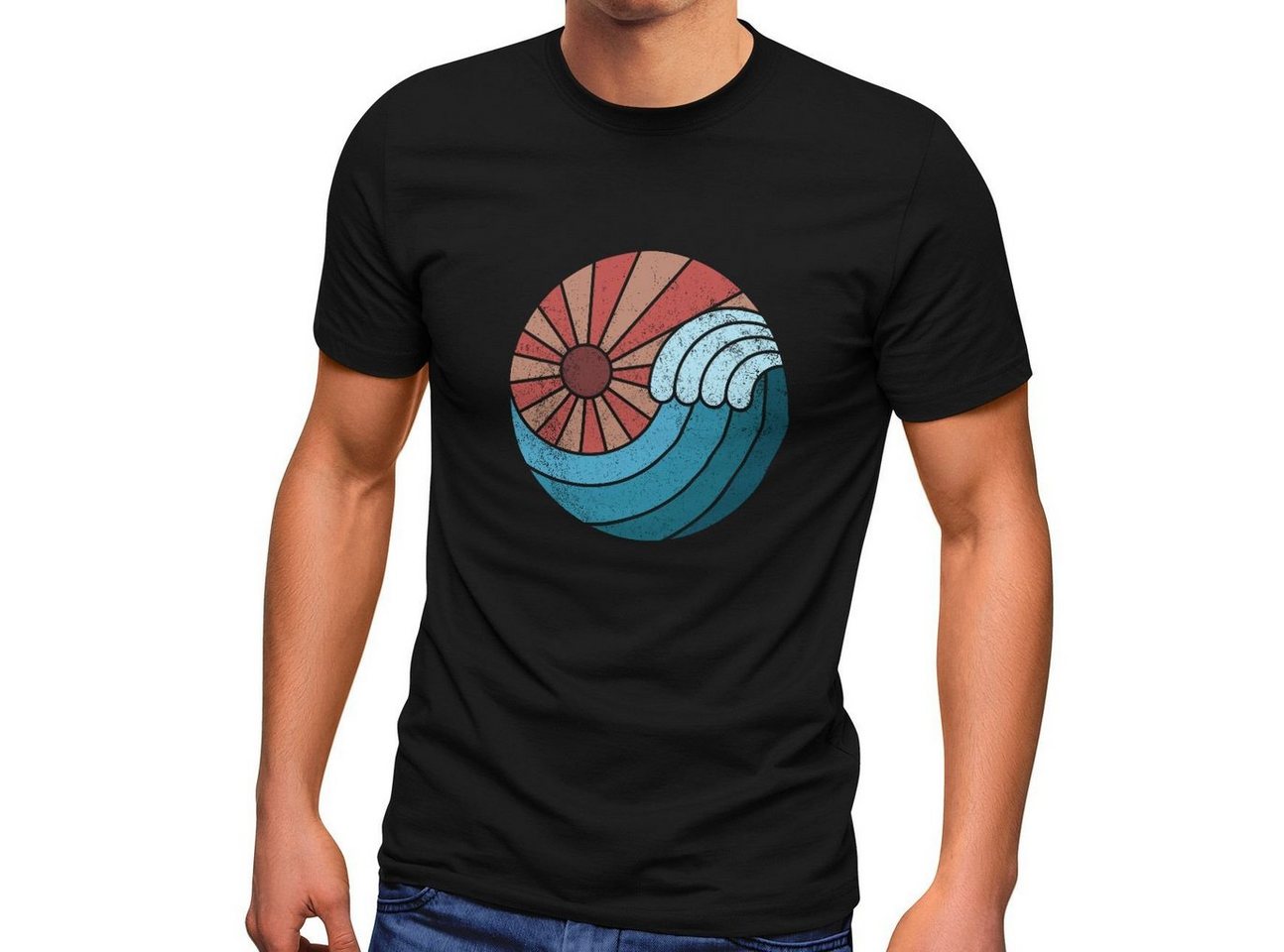 Neverless Print-Shirt Neverless® Herren T-Shirt Welle Wave Sonne Sommer Retro Vintage mit Print von Neverless
