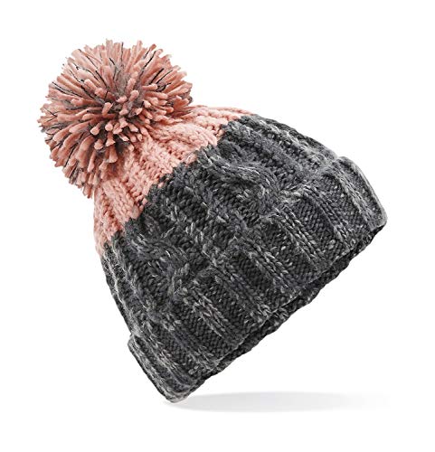 Neverless Strick-Mütze Damen Grobstrick Pudel-Mütze zweifarbig Ombré Farbverlauf Bommel-Mütze Winter-Mütze grau-rosa Unisize von Neverless