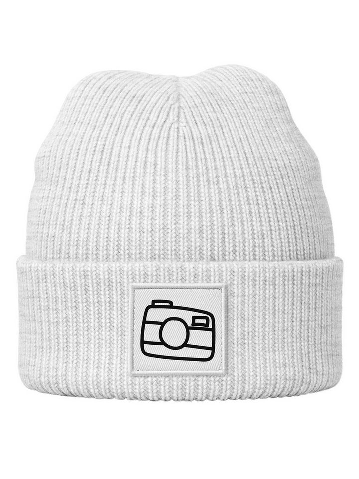 Neverless Strickmütze Damen Beanie Patch bedruckt Kamera Logo Aufdruck Print Wintermütze von Neverless