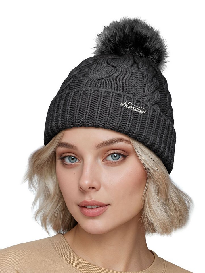 Neverless Strickmütze Damen Strick-Mütze Merino Wollmütze Bommelmütze Wintermütze mit von Neverless