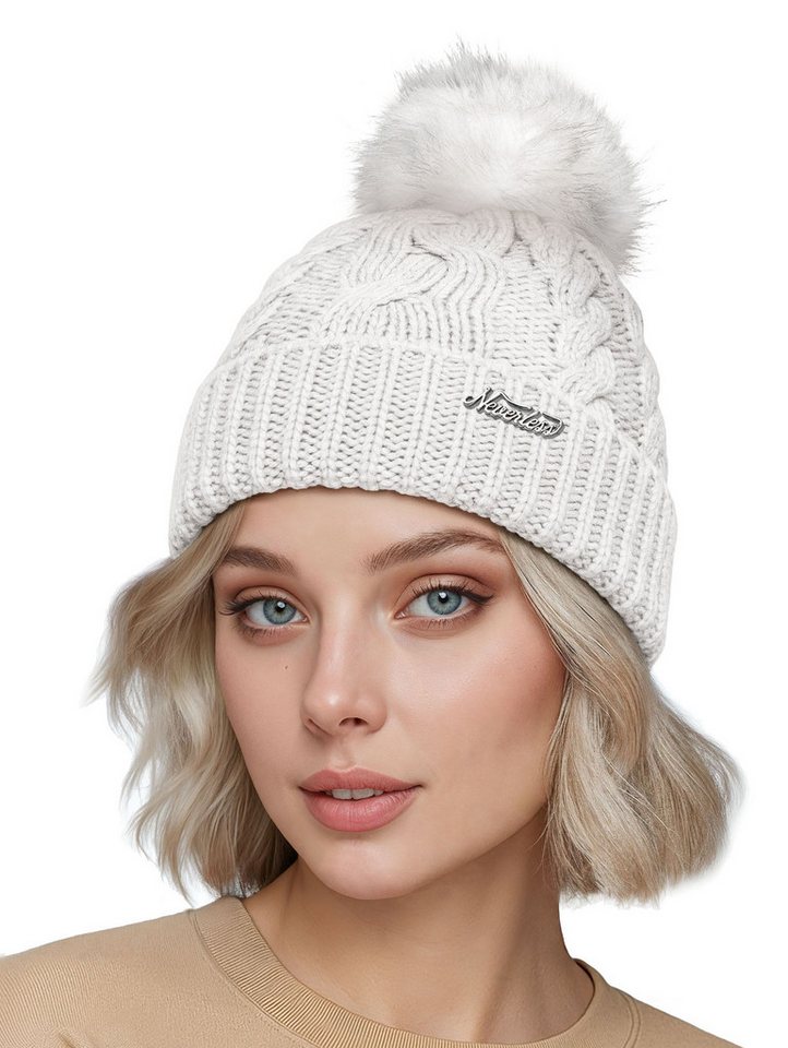 Neverless Strickmütze Damen Strick-Mütze Merino Wollmütze Bommelmütze Wintermütze mit von Neverless