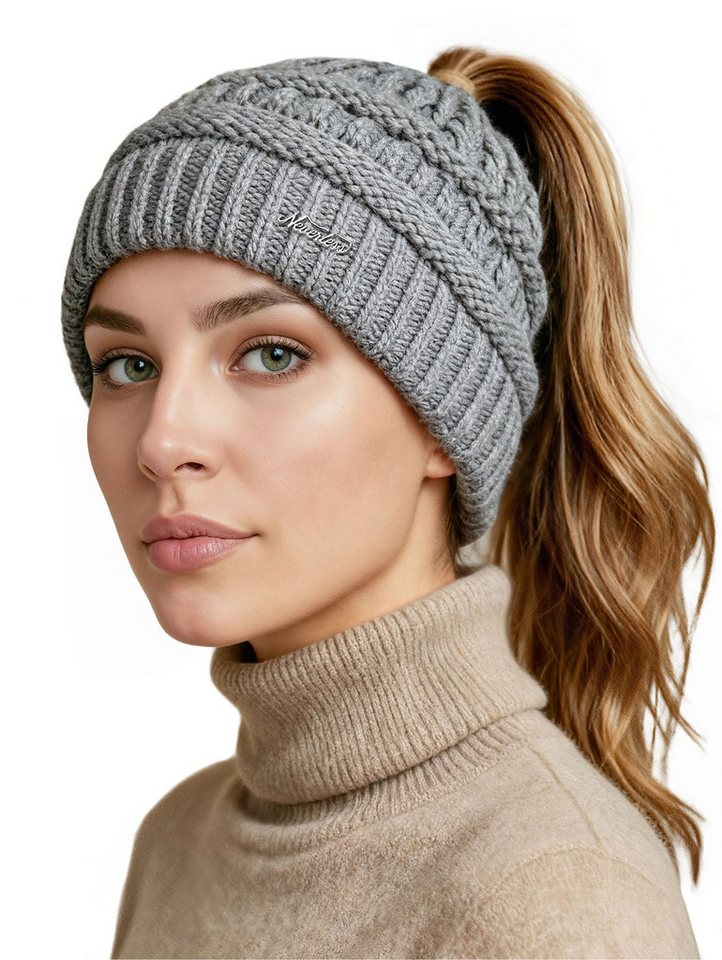 Neverless Strickmütze Damen Strickmütze Mütze Zopfloch Grobstrick Ungefüttert Wintermütze von Neverless