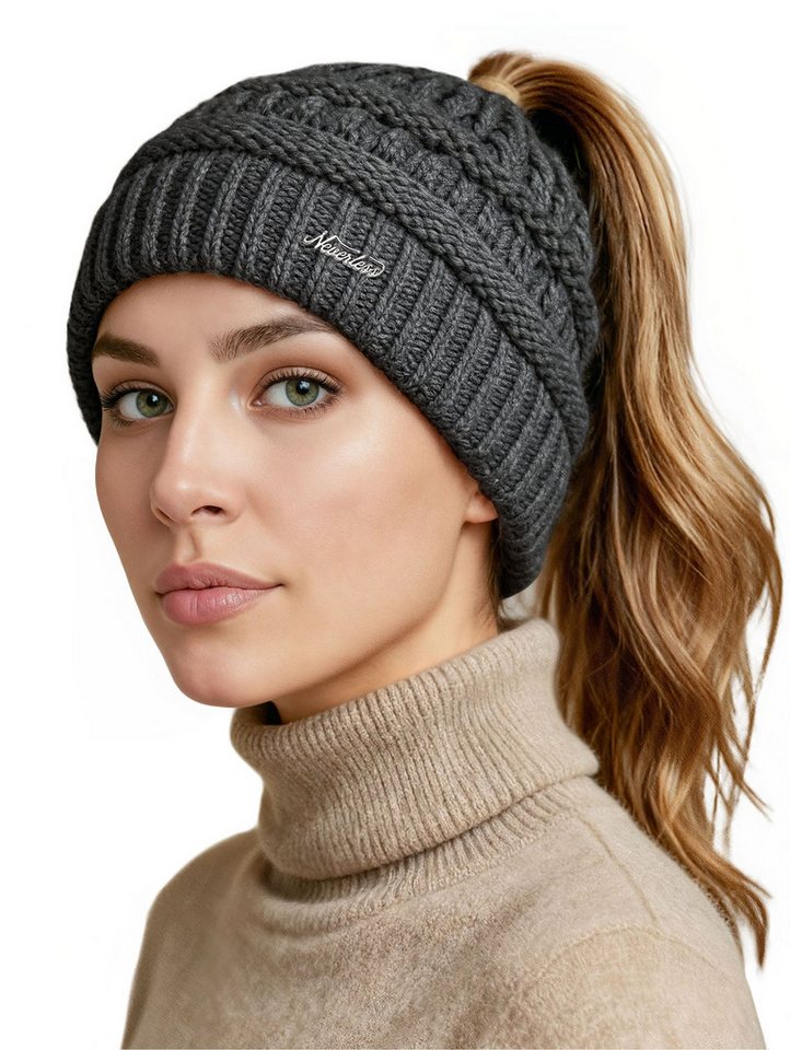 Neverless Strickmütze Damen Strickmütze Mütze Zopfloch Grobstrick Ungefüttert Wintermütze von Neverless