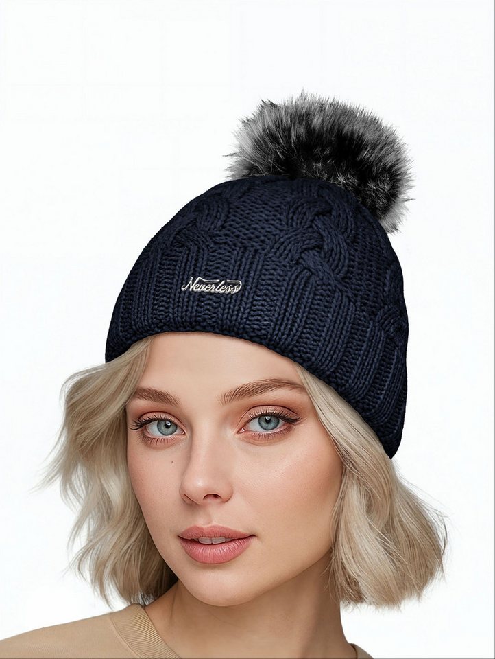 Neverless Strickmütze Damen Strickmütze Zopfmuster Fleccefutter Bommelmütze Pudelmütze von Neverless