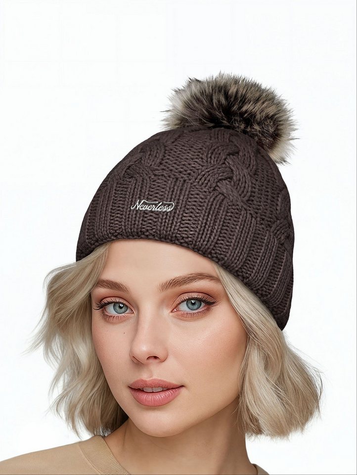 Neverless Strickmütze Damen Strickmütze Zopfmuster Fleccefutter Bommelmütze Pudelmütze von Neverless