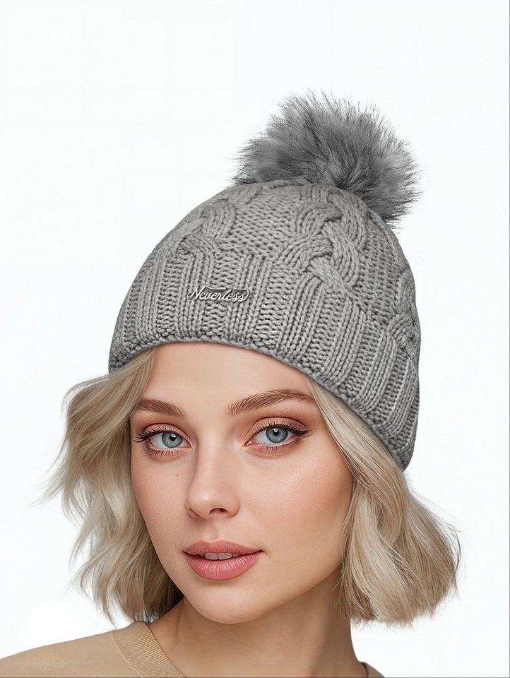 Neverless Strickmütze Damen Strickmütze Zopfmuster Fleccefutter Bommelmütze Pudelmütze von Neverless