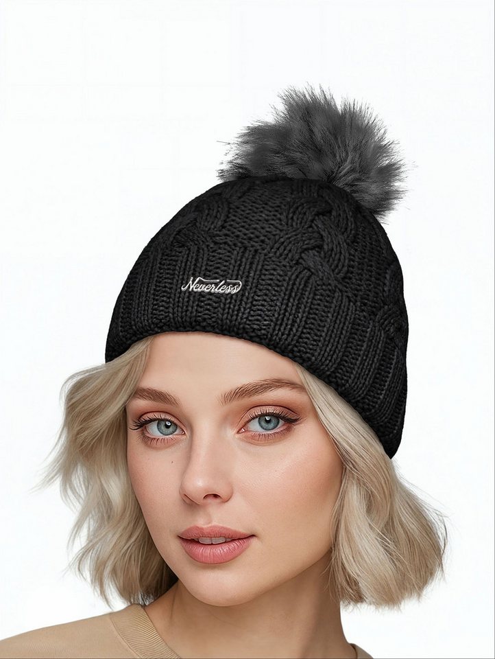 Neverless Strickmütze Damen Strickmütze Zopfmuster Fleccefutter Bommelmütze Pudelmütze von Neverless