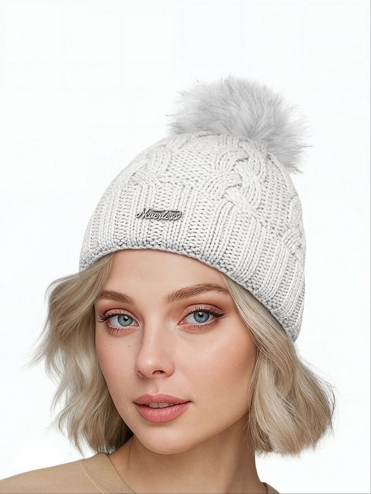Neverless Strickmütze Damen Strickmütze Zopfmuster Fleccefutter Bommelmütze Pudelmütze von Neverless