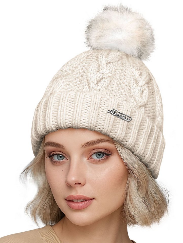 Neverless Strickmütze Damen Strickmütze Zopfstrickmuster Bommelmütze gefüttert mit Fleece von Neverless