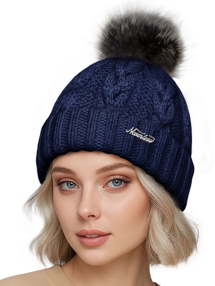 Neverless Strickmütze Damen Strickmütze Zopfstrickmuster Bommelmütze gefüttert mit Fleece von Neverless