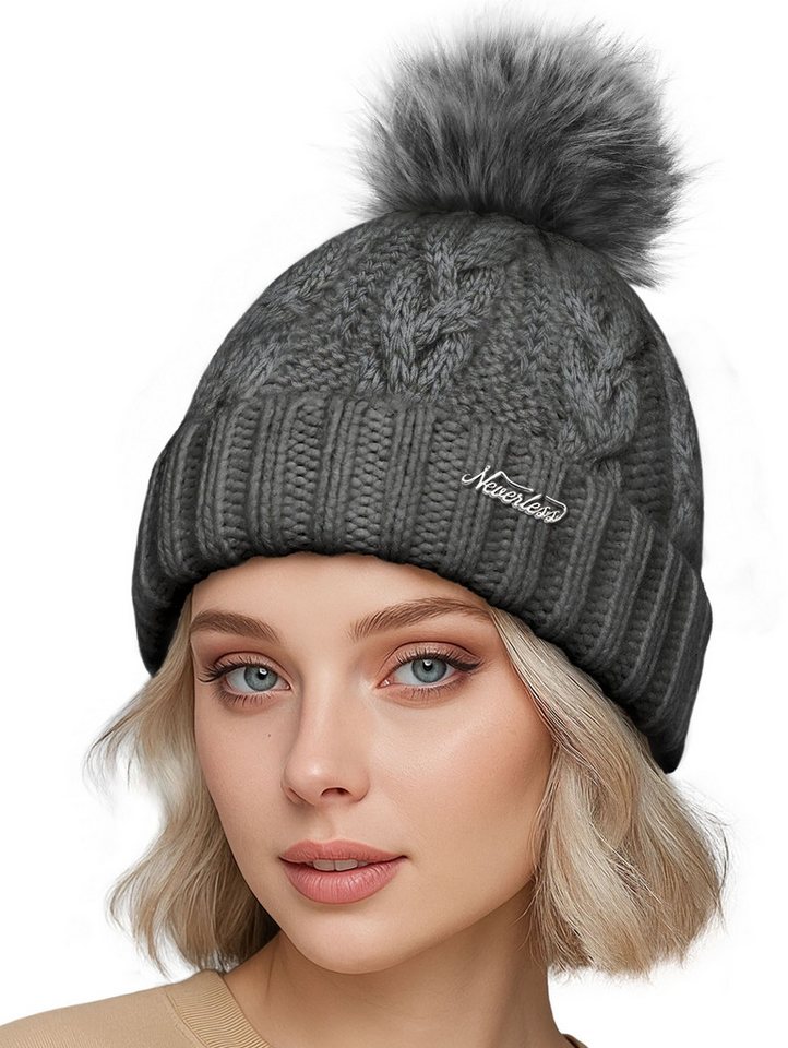 Neverless Strickmütze Damen Strickmütze Zopfstrickmuster Bommelmütze gefüttert mit Fleece von Neverless