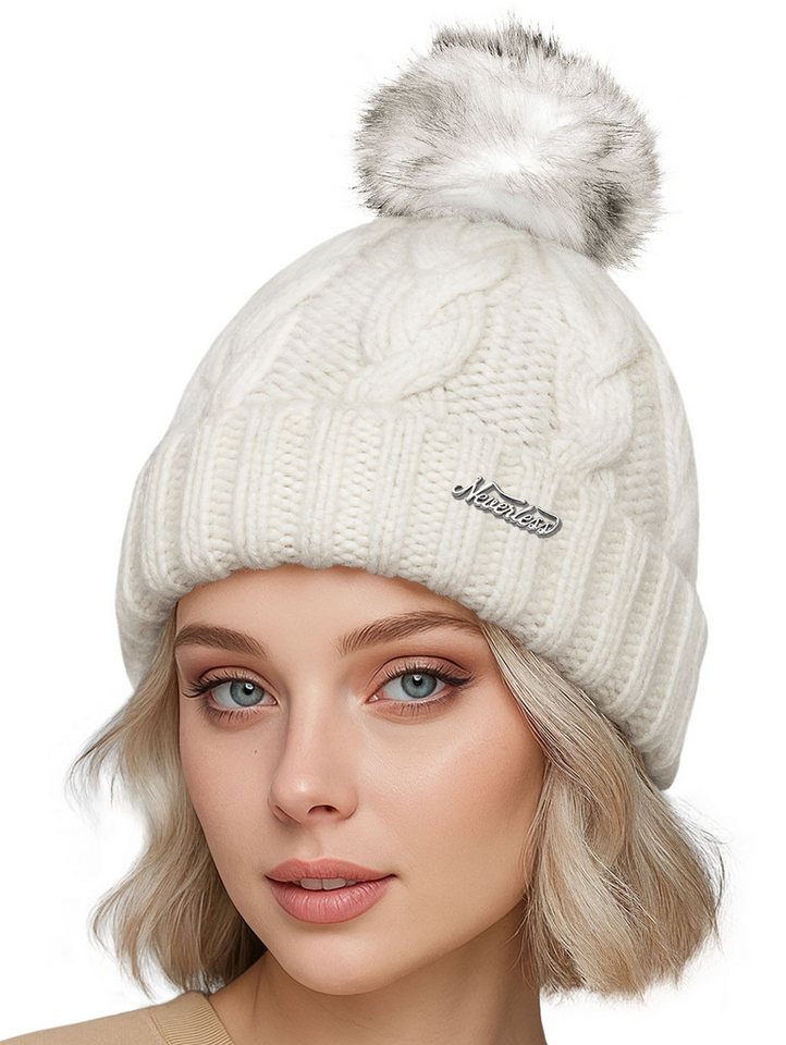 Neverless Strickmütze Damen Strickmütze mit Fleecefutter und Kunstfell Bommel Zopfmuster von Neverless