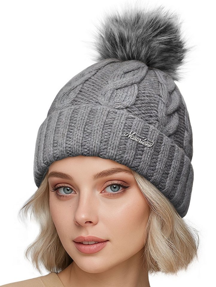 Neverless Strickmütze Damen Strickmütze mit Fleecefutter und Kunstfell Bommel Zopfmuster von Neverless
