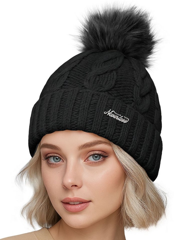 Neverless Strickmütze Damen Strickmütze mit Fleecefutter und Kunstfell Bommel Zopfmuster von Neverless