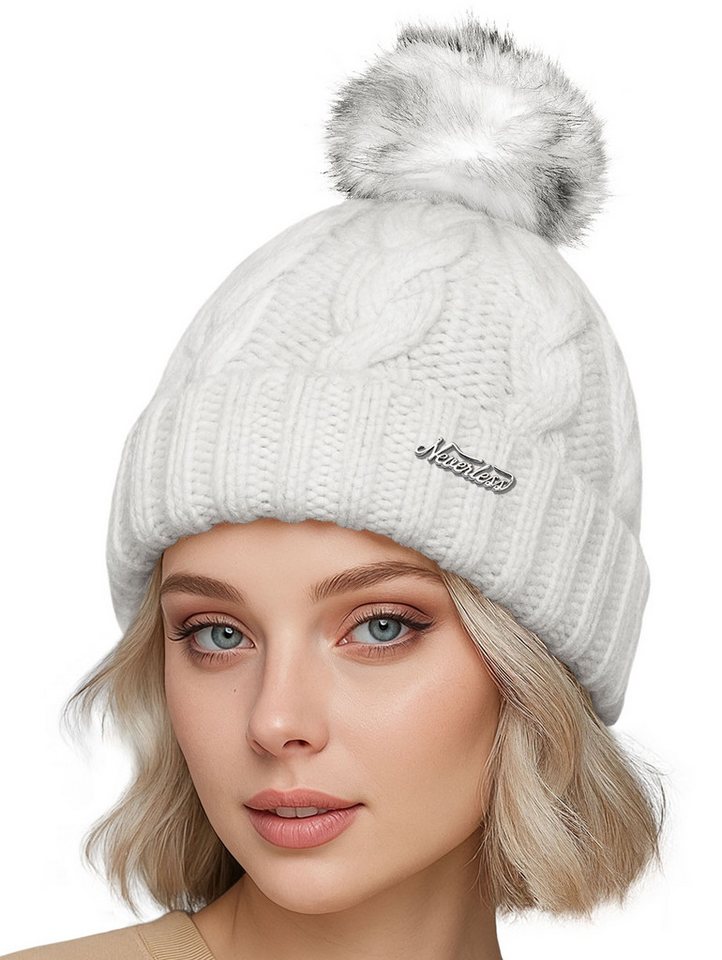Neverless Strickmütze Damen Strickmütze mit Fleecefutter und Kunstfell Bommel Zopfmuster von Neverless