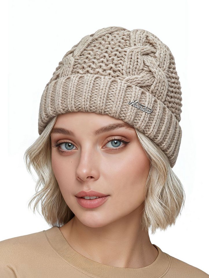 Neverless Strickmütze Damen Wintermütze Strickmütze Umschlag Zopfstrickmuster mit Fleece von Neverless