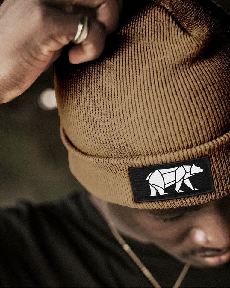 Neverless Strickmütze Herren Beanie Wintermütze mit Patch Bär Lineart Polygon Natur von Neverless