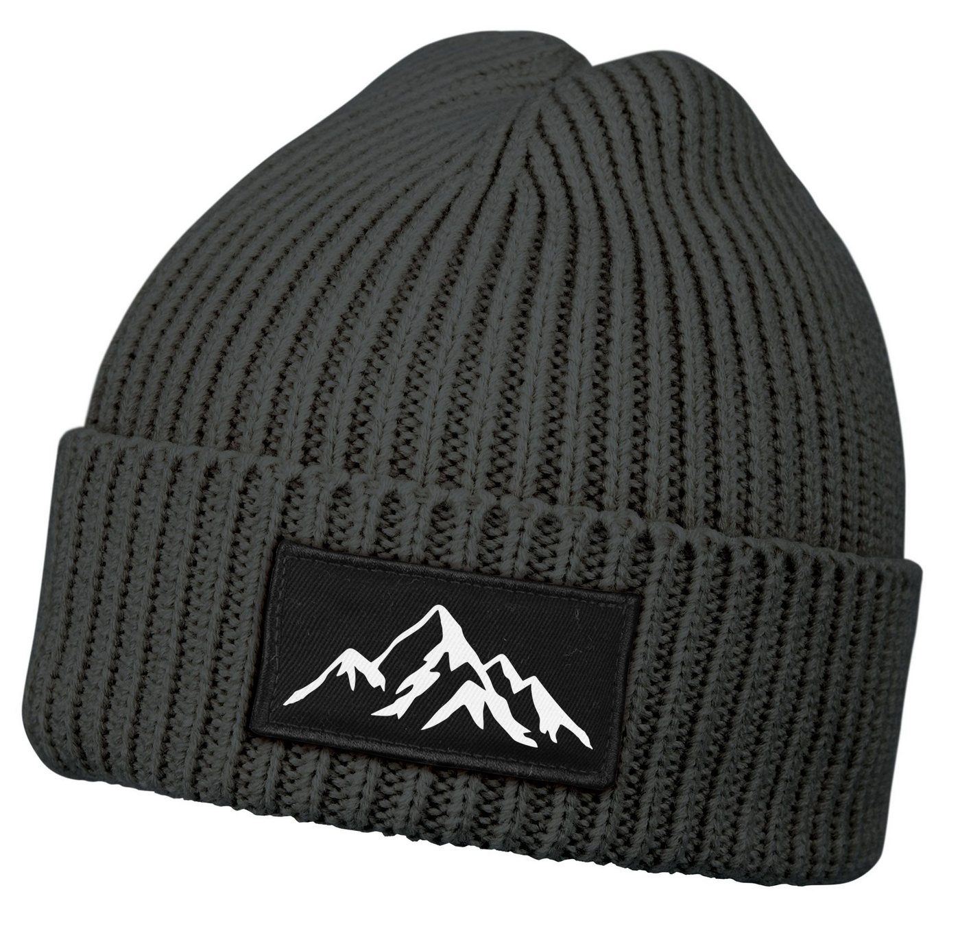 Neverless Strickmütze Herren Beanie Wintermütze mit Patch Berge Mountain Aufdruck Print von Neverless
