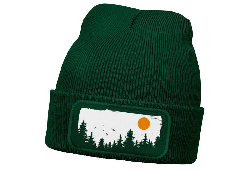 Neverless Strickmütze Herren Beanie Wintermütze mit Patch Wald Bäume Outdoor Aufdruck Print von Neverless
