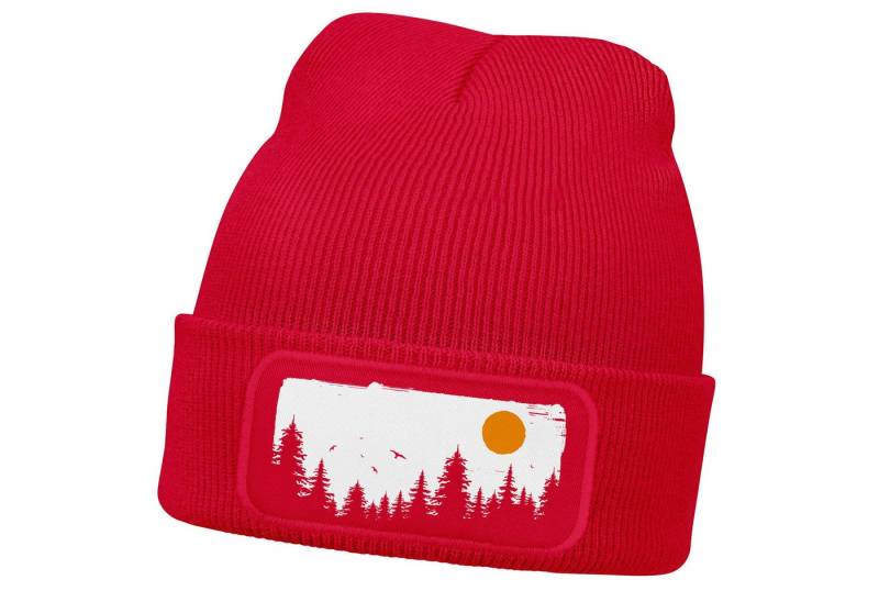 Neverless Strickmütze Herren Beanie Wintermütze mit Patch Wald Bäume Outdoor Aufdruck Print von Neverless