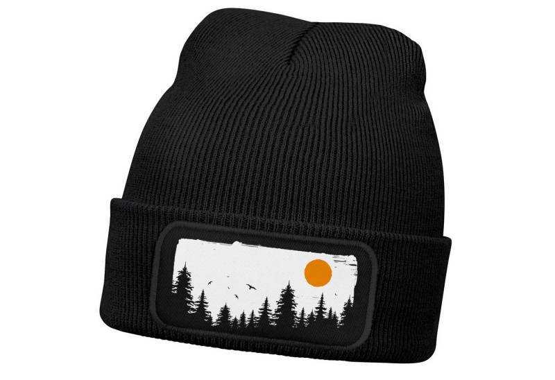 Neverless Strickmütze Herren Beanie Wintermütze mit Patch Wald Bäume Outdoor Aufdruck Print von Neverless