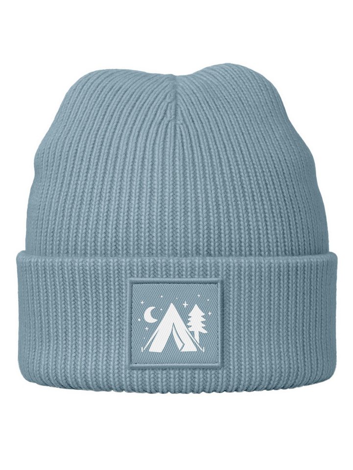 Neverless Strickmütze Herren Mütze Beanie mit Aufdruck Camping Logo Patch Wintermütze Print von Neverless