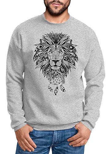 Neverless Sweatshirt Herren Aufdruck Löwe Boho Style Atzekenmuster Traumfänger Ethno-Print Rundhals-Pullover Rundhals-Pullover grau L von Neverless